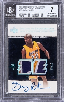 2003-04 UD "Exquisite Collection" Emblems of Endorsement #GP Gary Payton Signed Game Used Patch Card (#13/15) - BGS NM 7/BGS 10